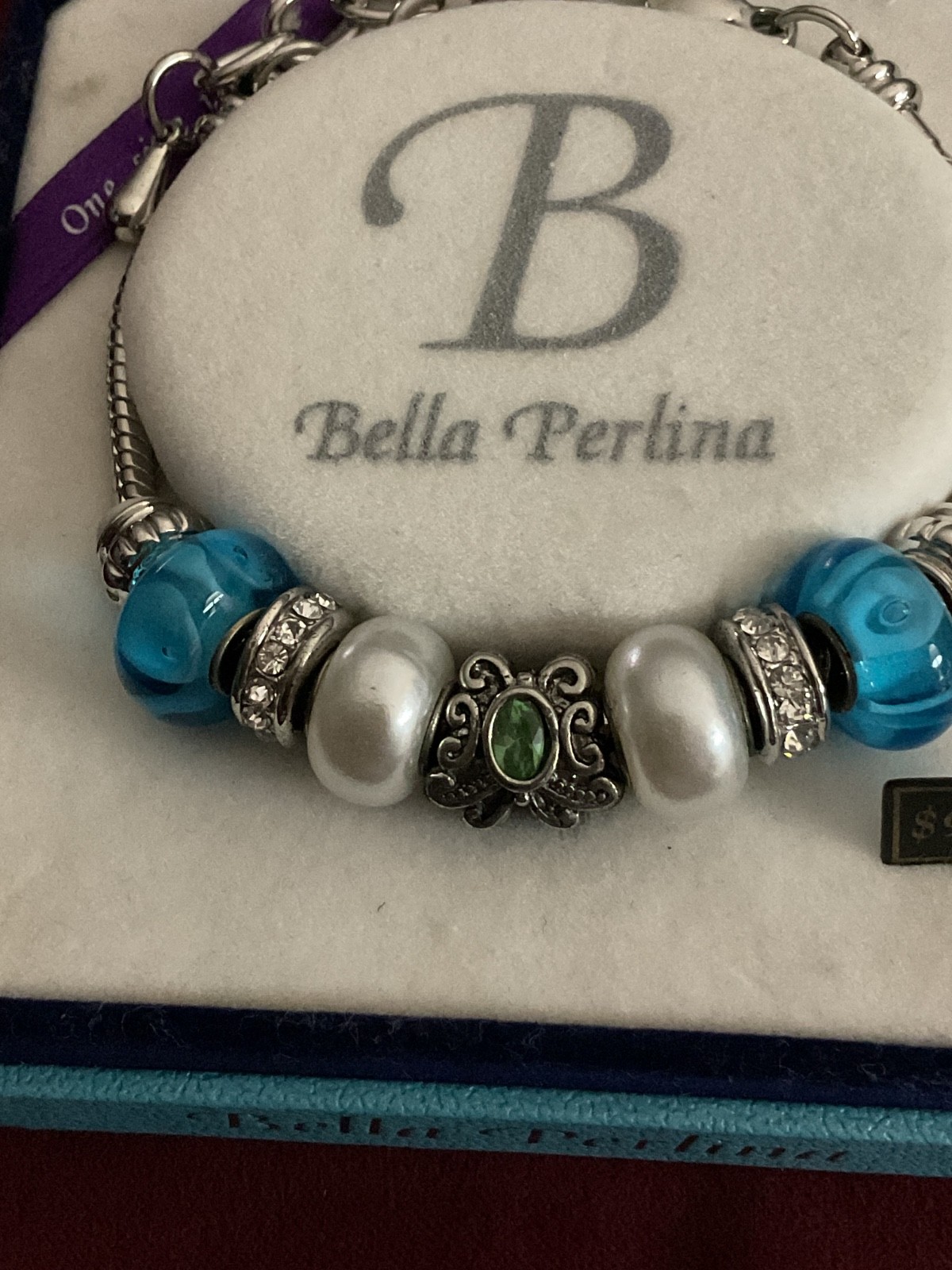 Bella Perlina Silver-Tone Charm Bracelet Blue Murano-Style Glass Crystal NIB