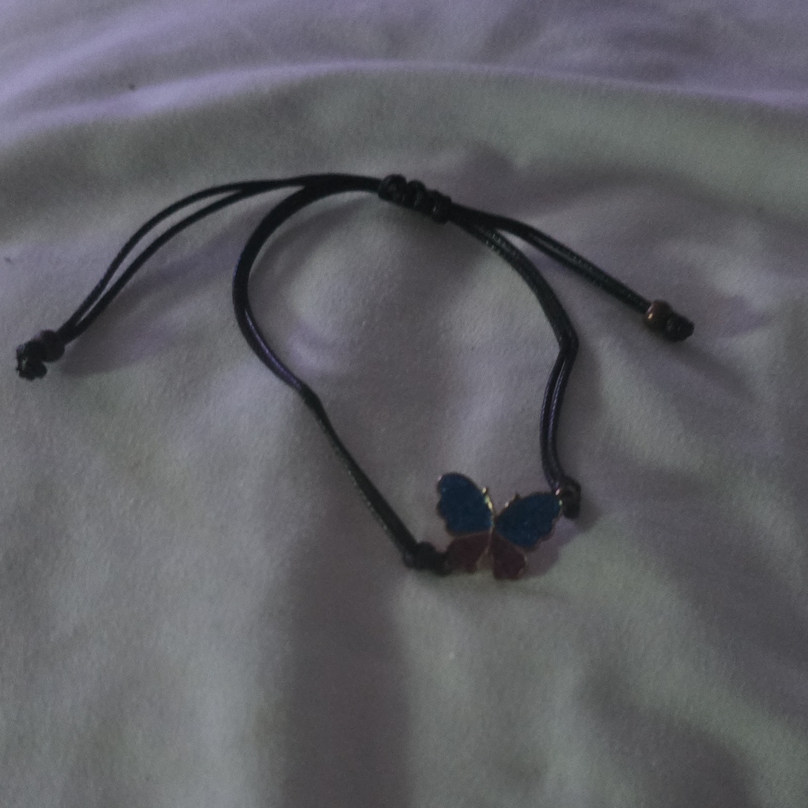 Black Adjustable Cord Bracelet, Slip Knot, Butterfly Dangle Charm, Blue Crystal