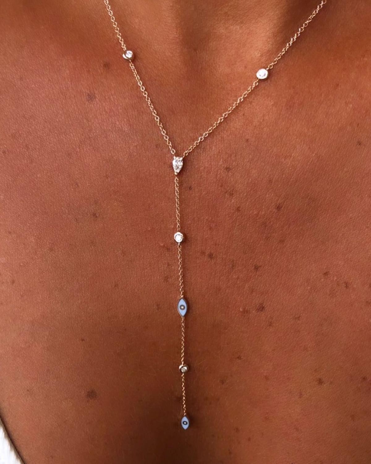 Enamel Evil‑eye Charm Y‑lariat Necklace with White Cz Links, Cute and Stylish Fo