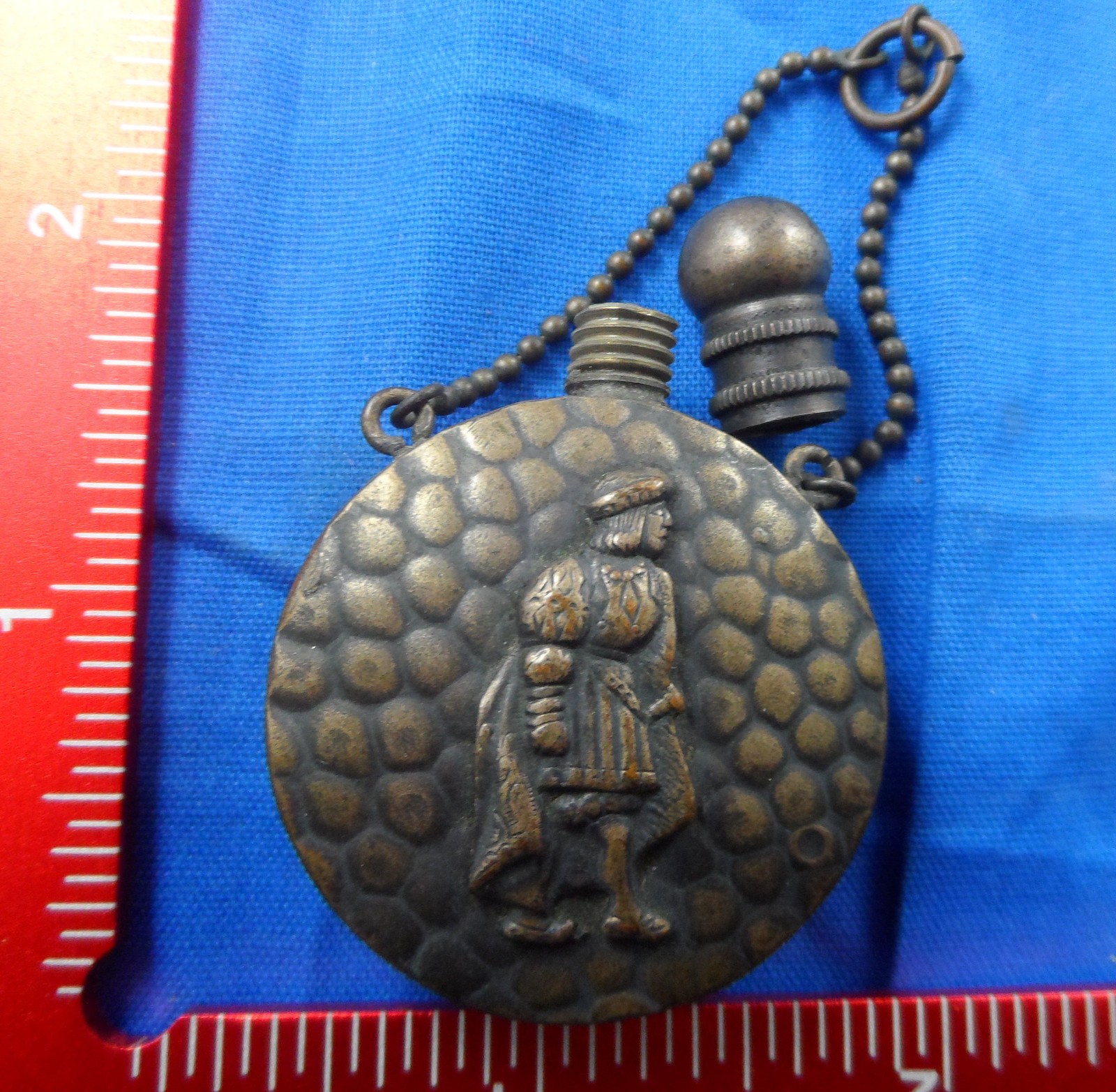 Antique Metal Victorian Figures Pendant 2-3/8″ Vintage Chatelaine Perfume Vessel
