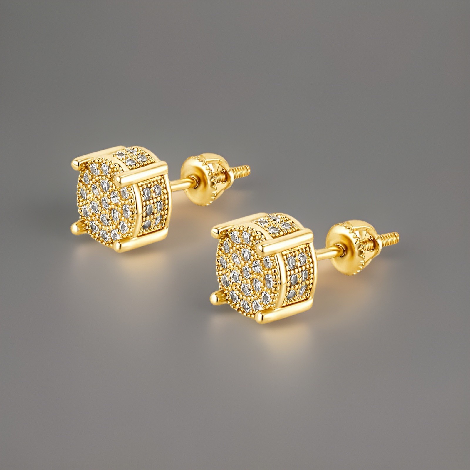 14K Gold Plated Iced Out CZ Cluster Stud Earrings Screw Back Mens Bling