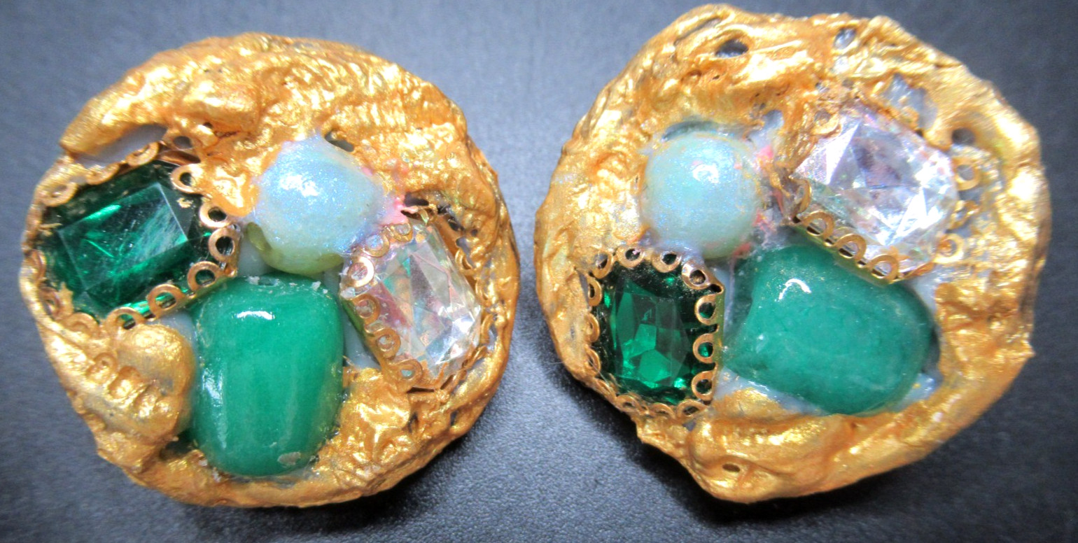 French Designer Unsigned Gilded Resin Rhinestone Clip Earrings