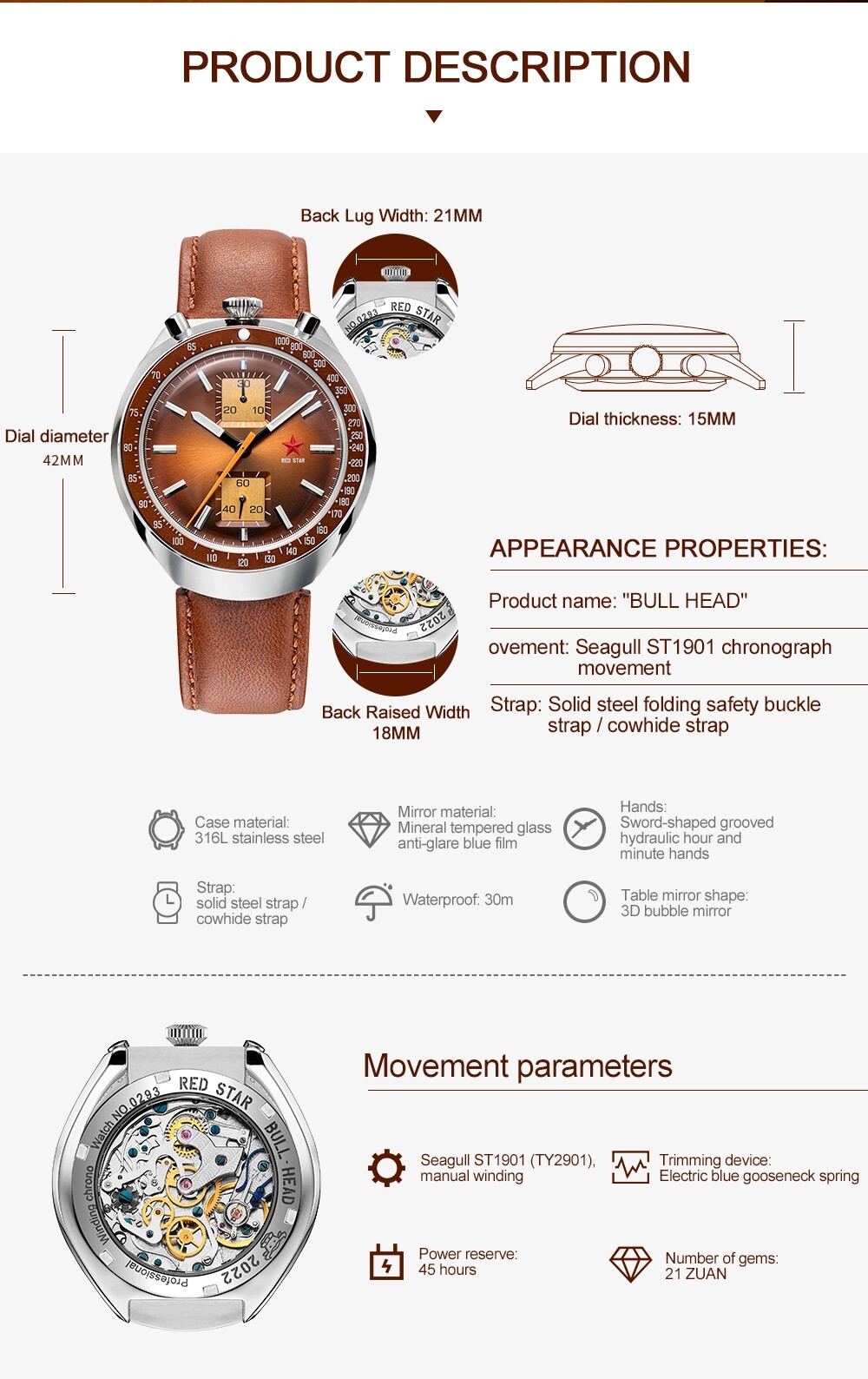 SEAKOSS Red Star Bullhead Dual-Time Zone Chronograph with Luminous Display watch
