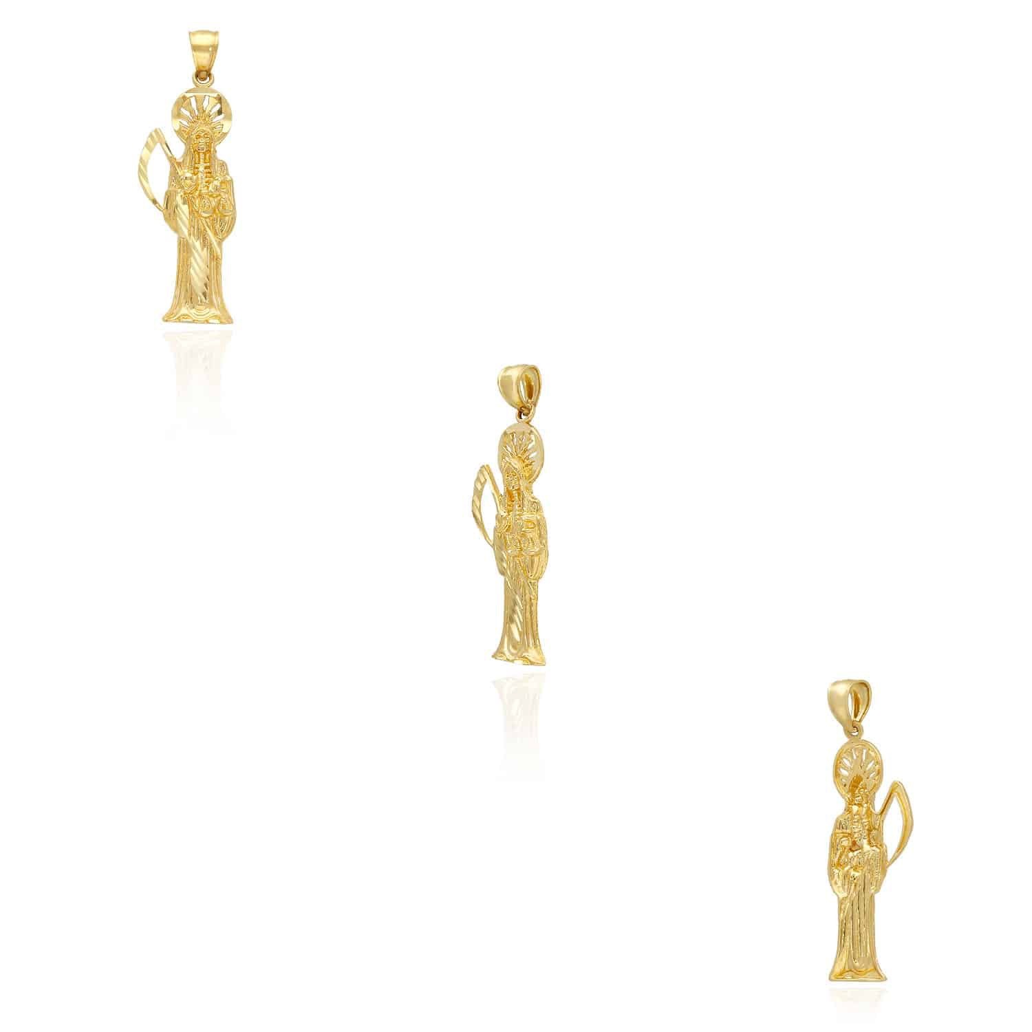 14K Real Yellow Gold Santa Muerte Grim Reaper Death Charm Pendant 1.4″