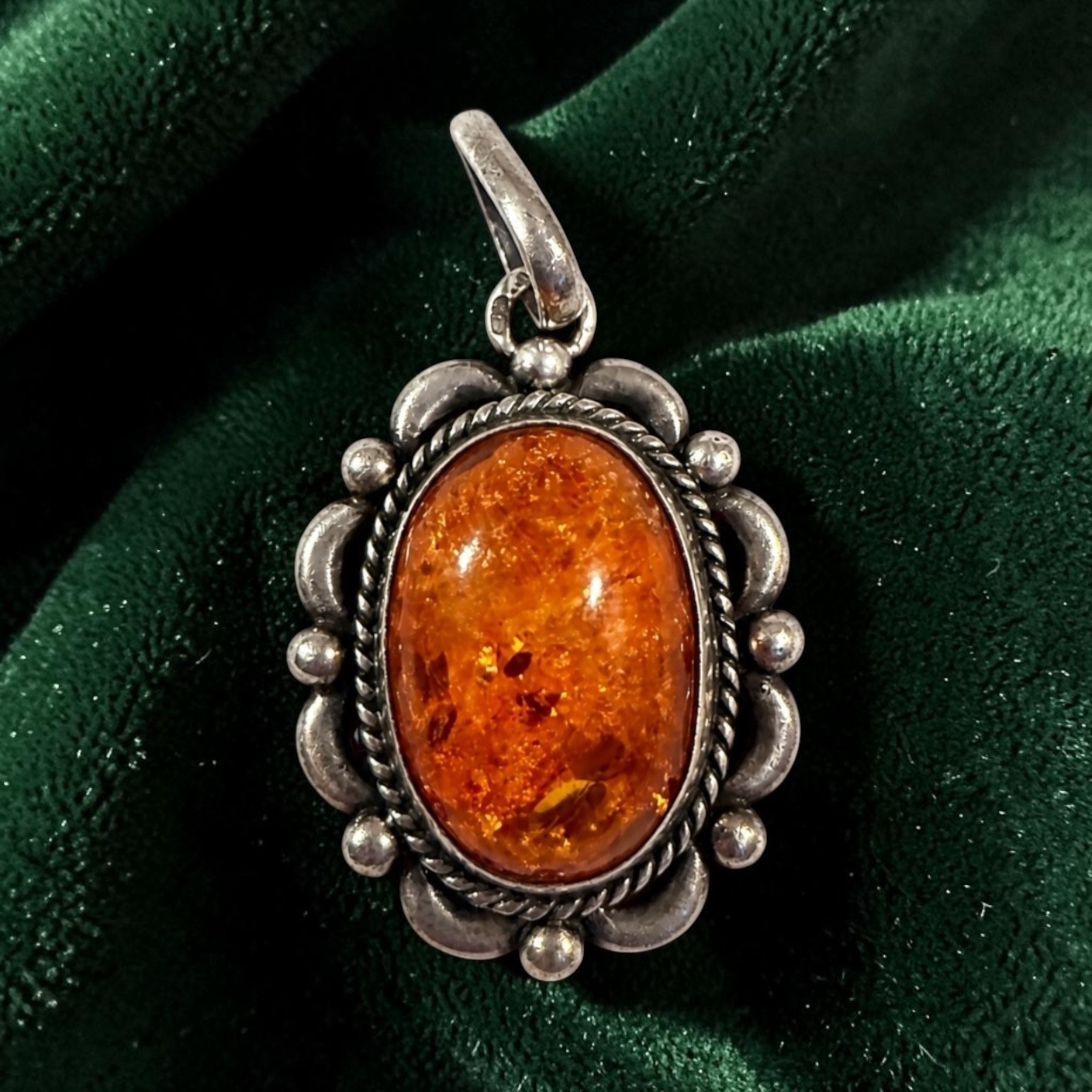 Vintage Polish G925 Sterling Silver Cognac Baltic Amber Pendant Gdansk Hallmark