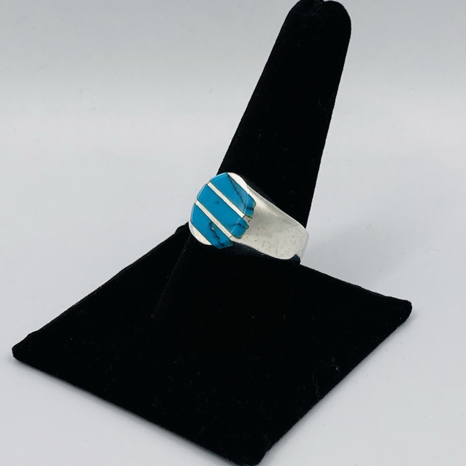 Vintage Taxco 925 Sterling Silver Turquoise Signet Ring Size 10 Linear Inlay 9g