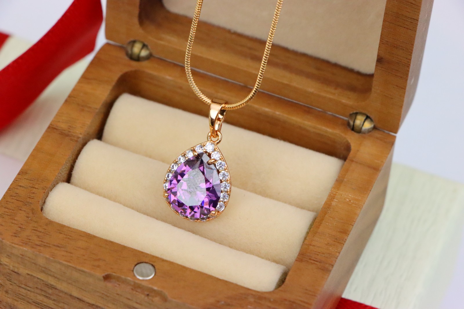with Crystal Halo in Elegant Rose Gold Finish, XPPT1615 Teardrop Purple Pendant