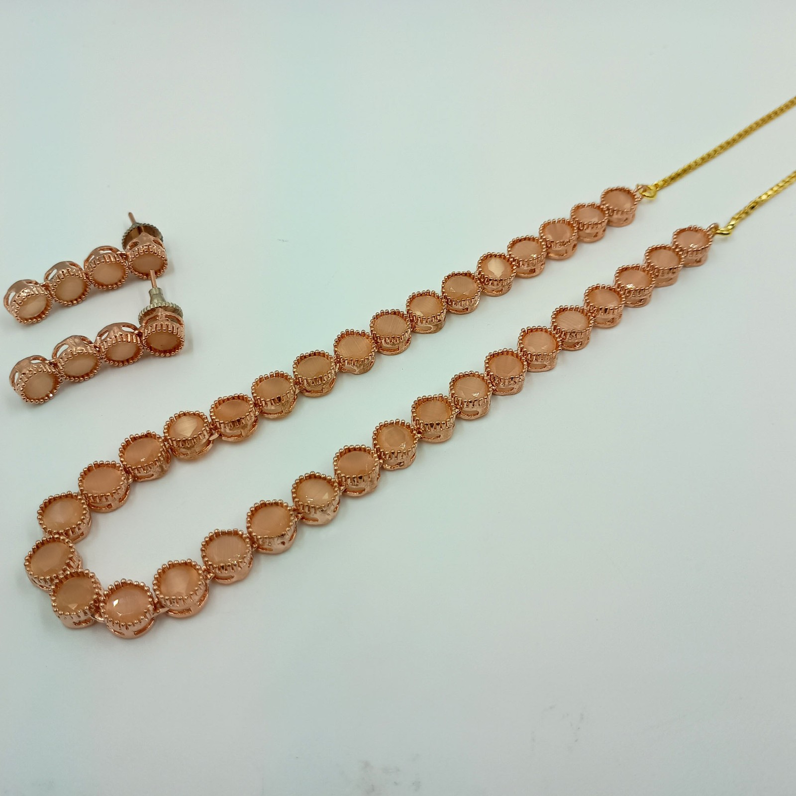22K Gold Plated Peach Moonstone Bridal Necklace & Earrings Set India Jewelry