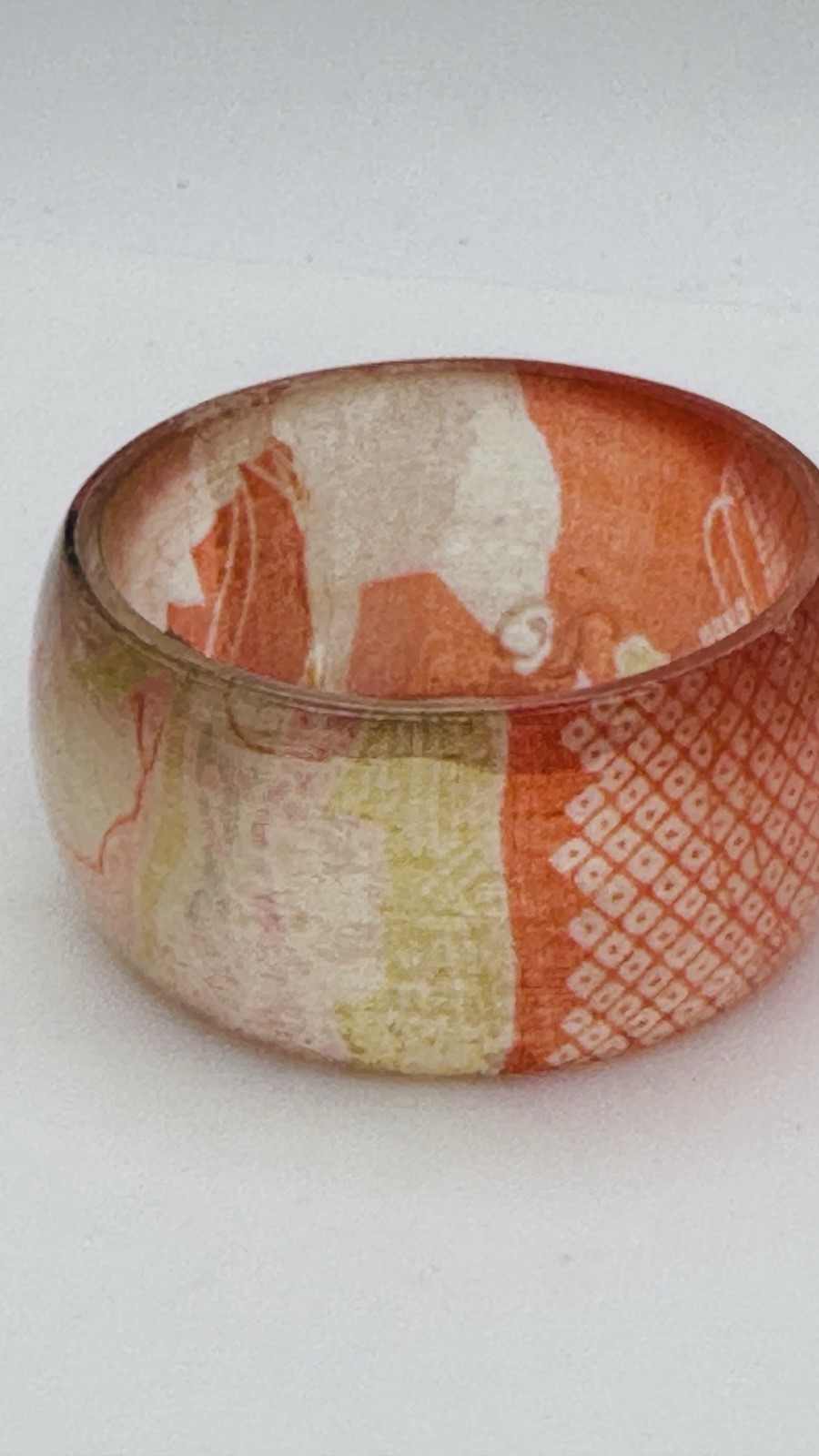 Vintage Signed Asian Geisha Decoupage Lucite Wide Bangle Bracelet Orange