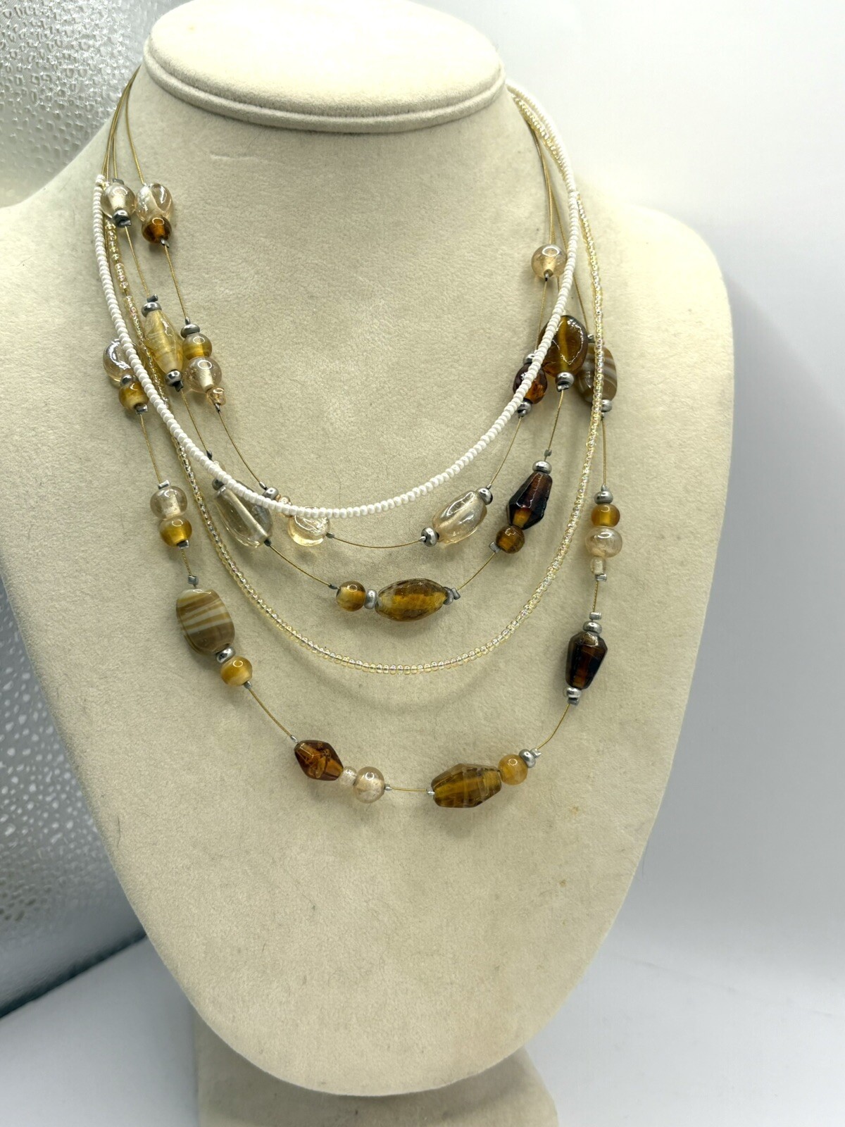 Shades Of Brown, Cream & Champagne Colored Beaded Layered Necklace