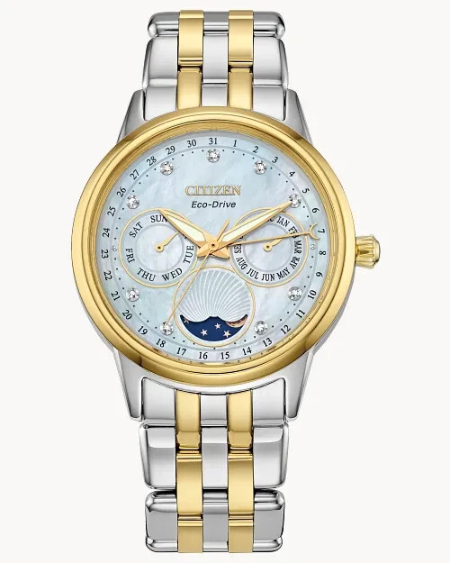 NEW CITIZEN ECO DRIVE WOMEN’S MOON PHASE CALENDRIER DIAMOND WATCH FD0004-51D