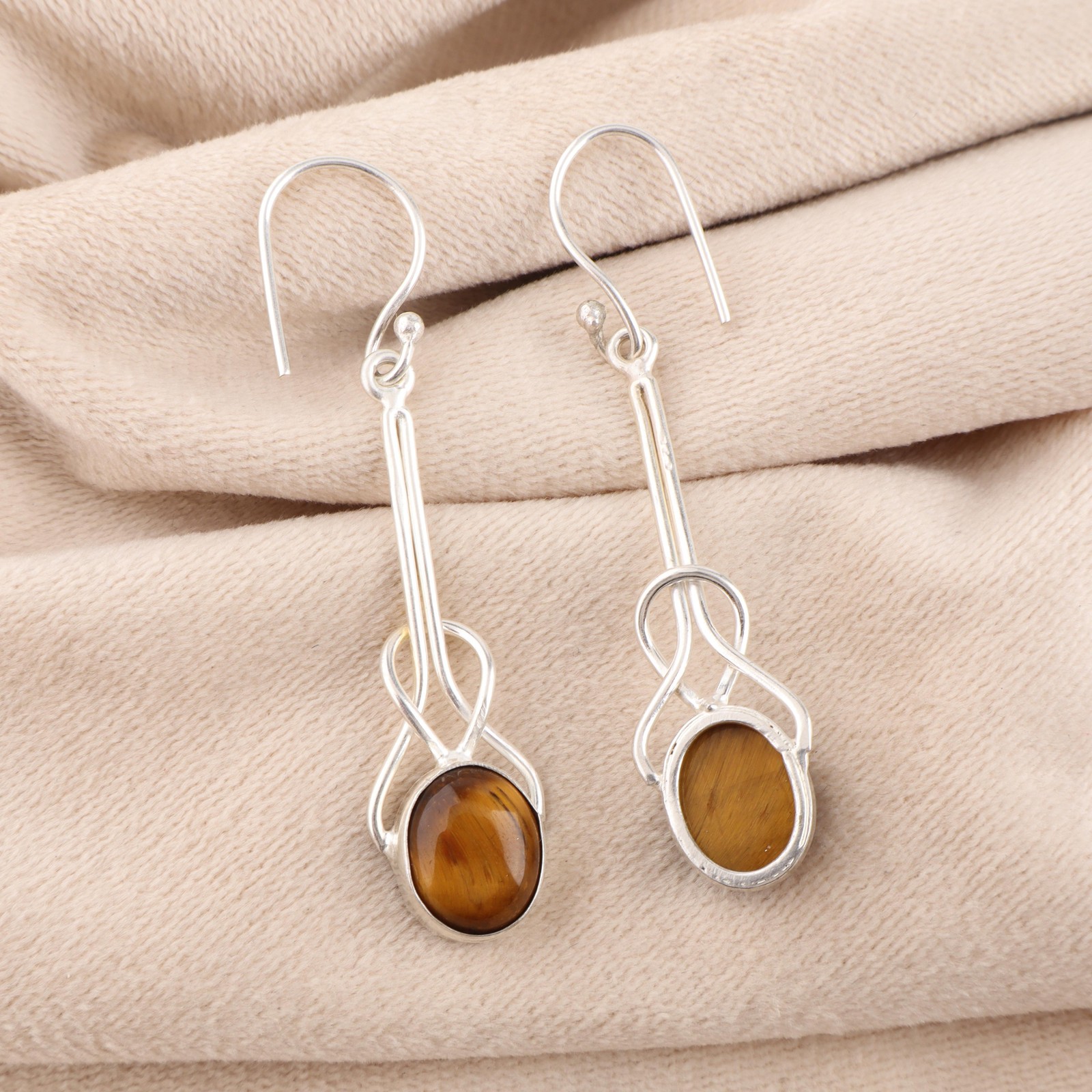 Sterling Silver Yellow Tiger’s Eye Mother Drop Dangle Anniversary Boho Earrings