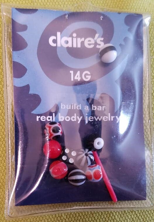 Claire’s 14g Build a Bar real body jewelry – 1 bar, 9 different ends – dice, red