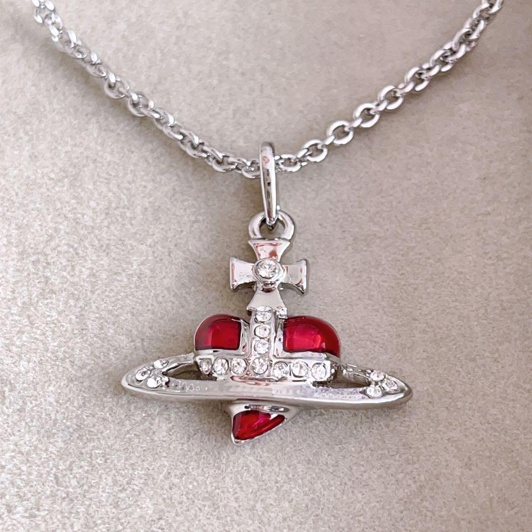 Vivienne Westwood Diamante Heart Necklace Earrings Set Red Silver NO BOX [EJ5009