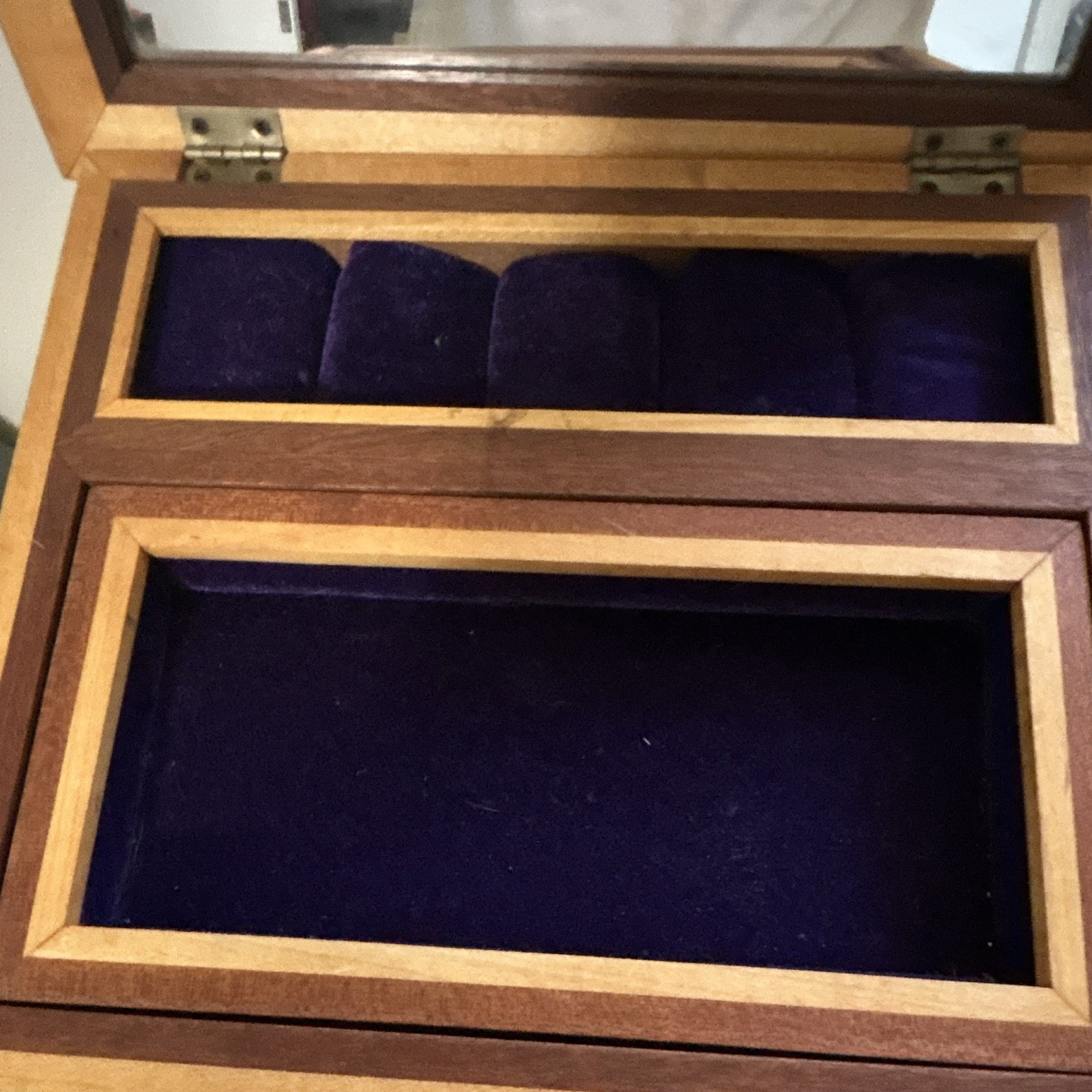Wood Jewelry Box w/ Mirror Lid, Purple Velvet Lining, Ring Rolls & Drawer