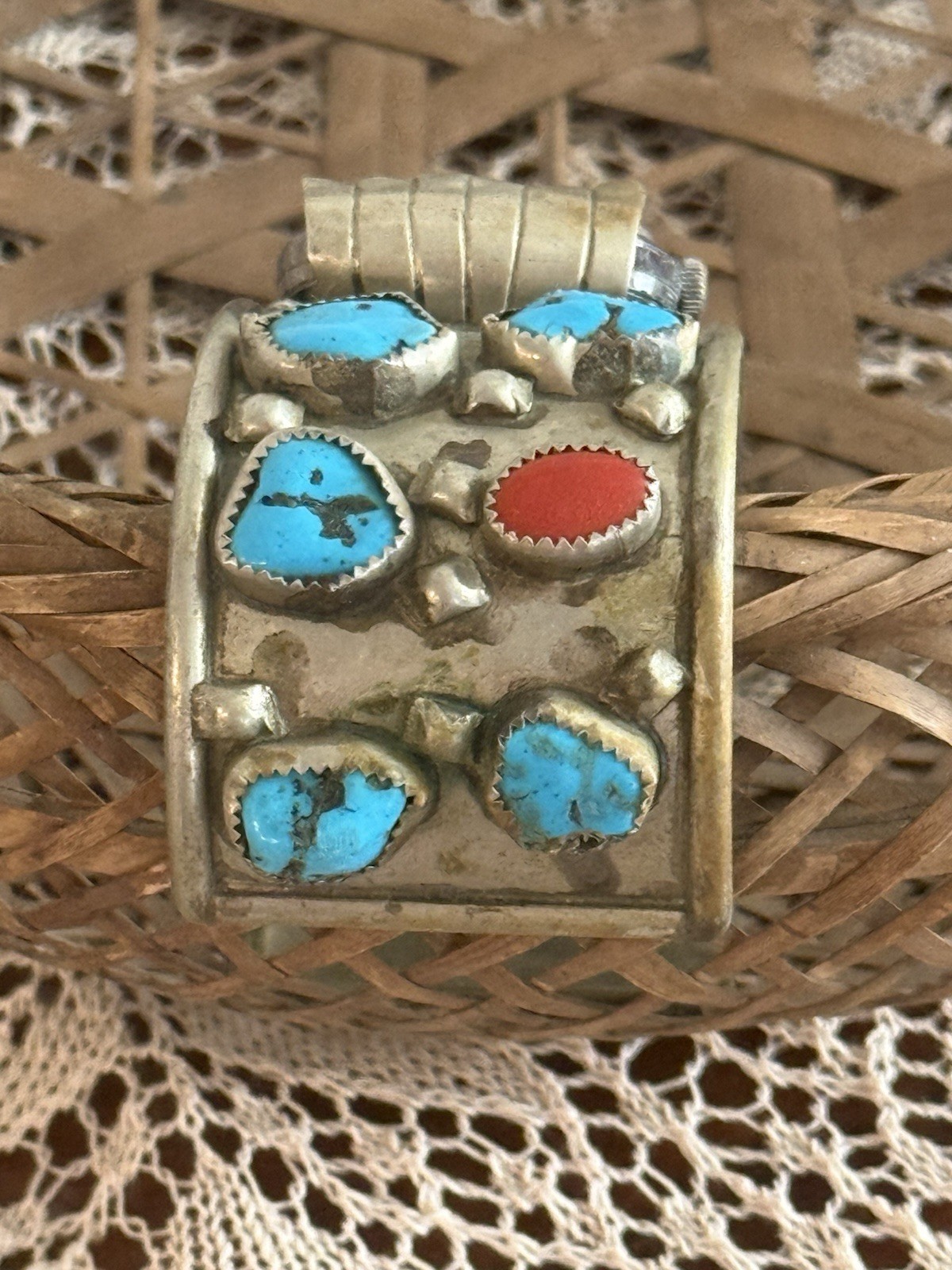 Vintage Navajo Men’s Sterling Silver Turquoise Coral Watch Cuff Croton Runs