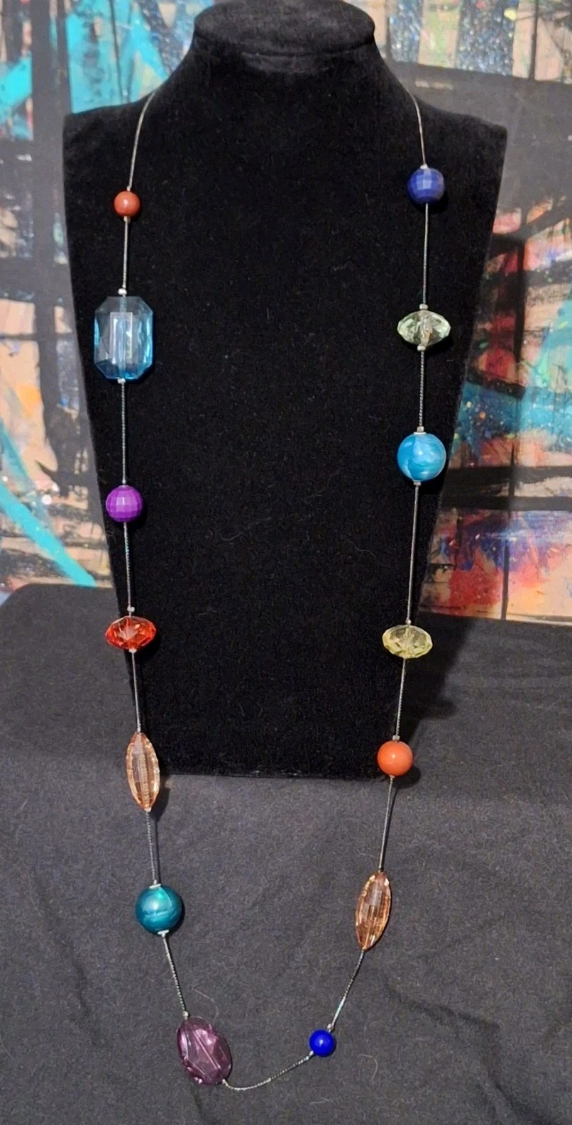 Black Tone Fashion Beaded Station Chain Necklace Multicolor