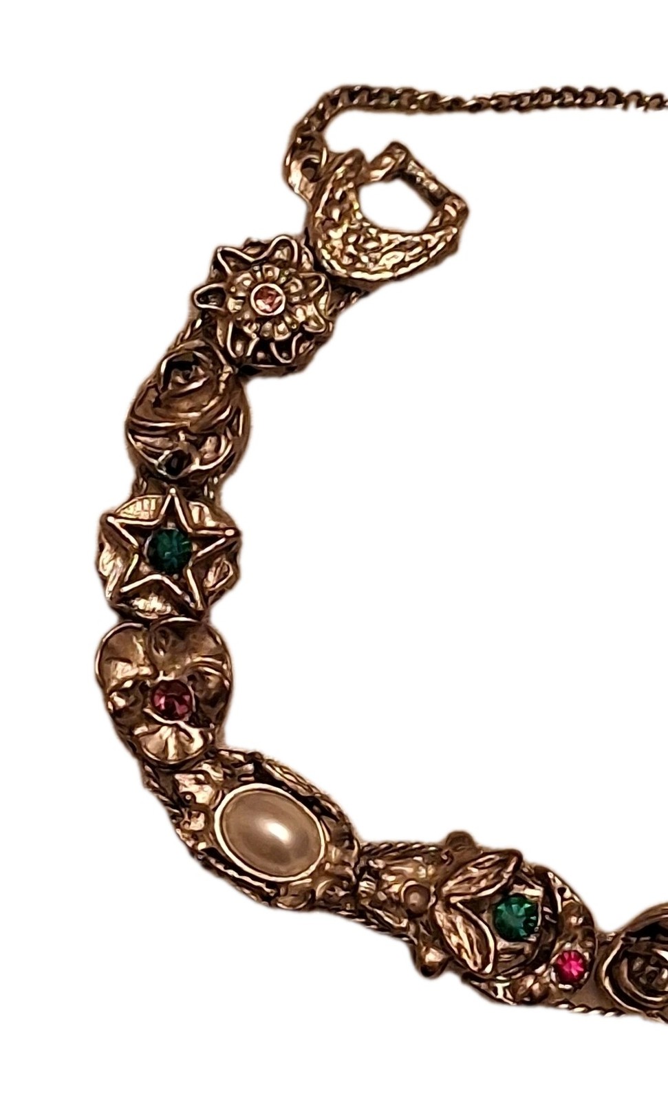 Vintage Silver Slide Bejeweled Charm Bracelet With Safety Chain