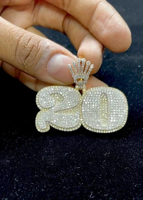 2 Ct Round Real Moissanite Custom Number Pendant 14k Yellow Gold Plated Silver