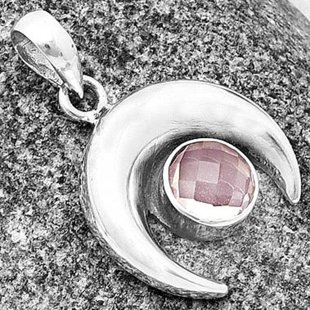Crescent Moon – Rose Quartz Checker 925 Sterling Silver Pendant Jewelry P-1014
