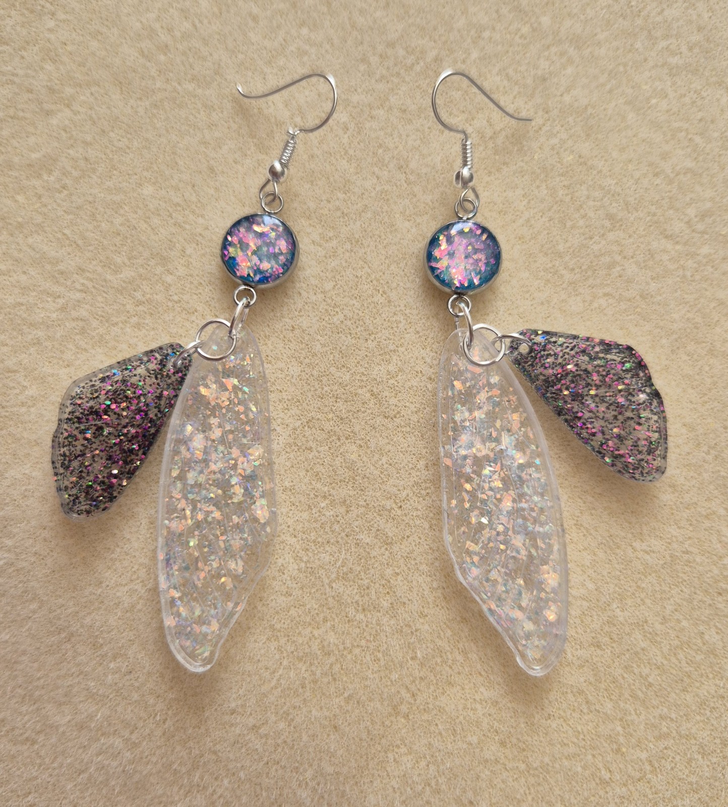 beautiful long glitter butterfly wings resin earrings 8cm with hook fastening