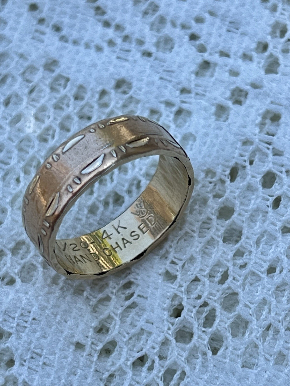 VINTAGE Hand-Chased Gold Fill Wedding Band Wide Ornate Stacking Ring SIGNED 6.25