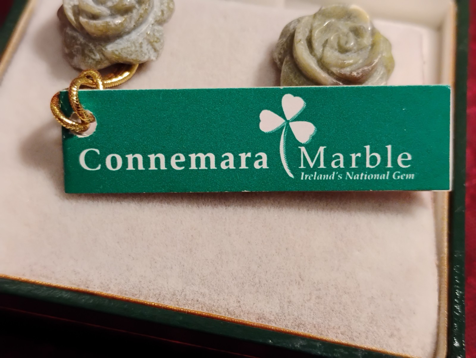 Irish Connemara Marble Stud Earrings Carved Rose Design Made In Ireland