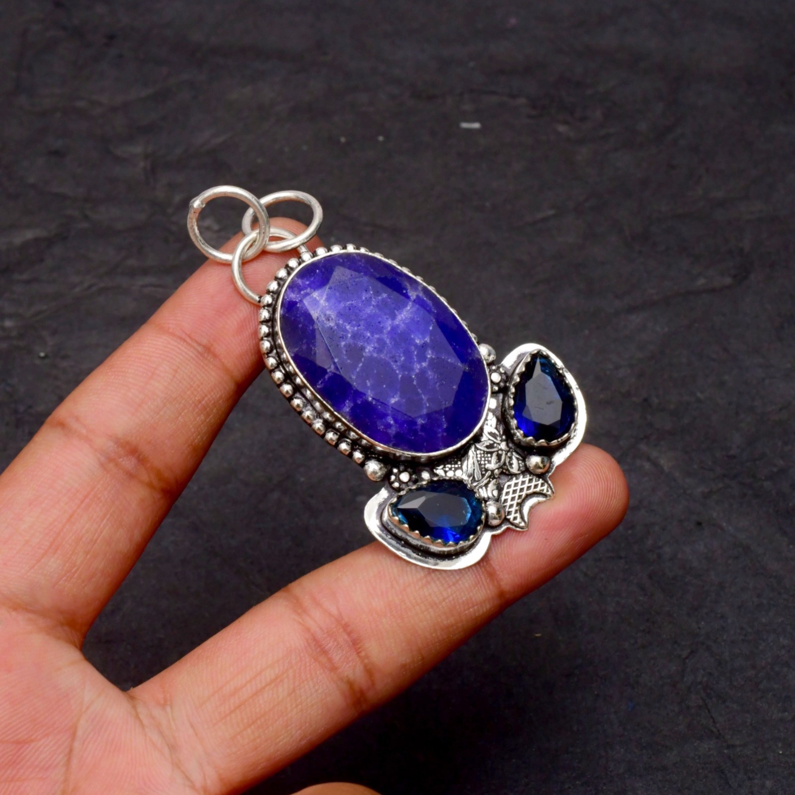 Blue Sapphire Lab Created Gemstone 925 Sterling Silver Jewelry Pendant 1-2″