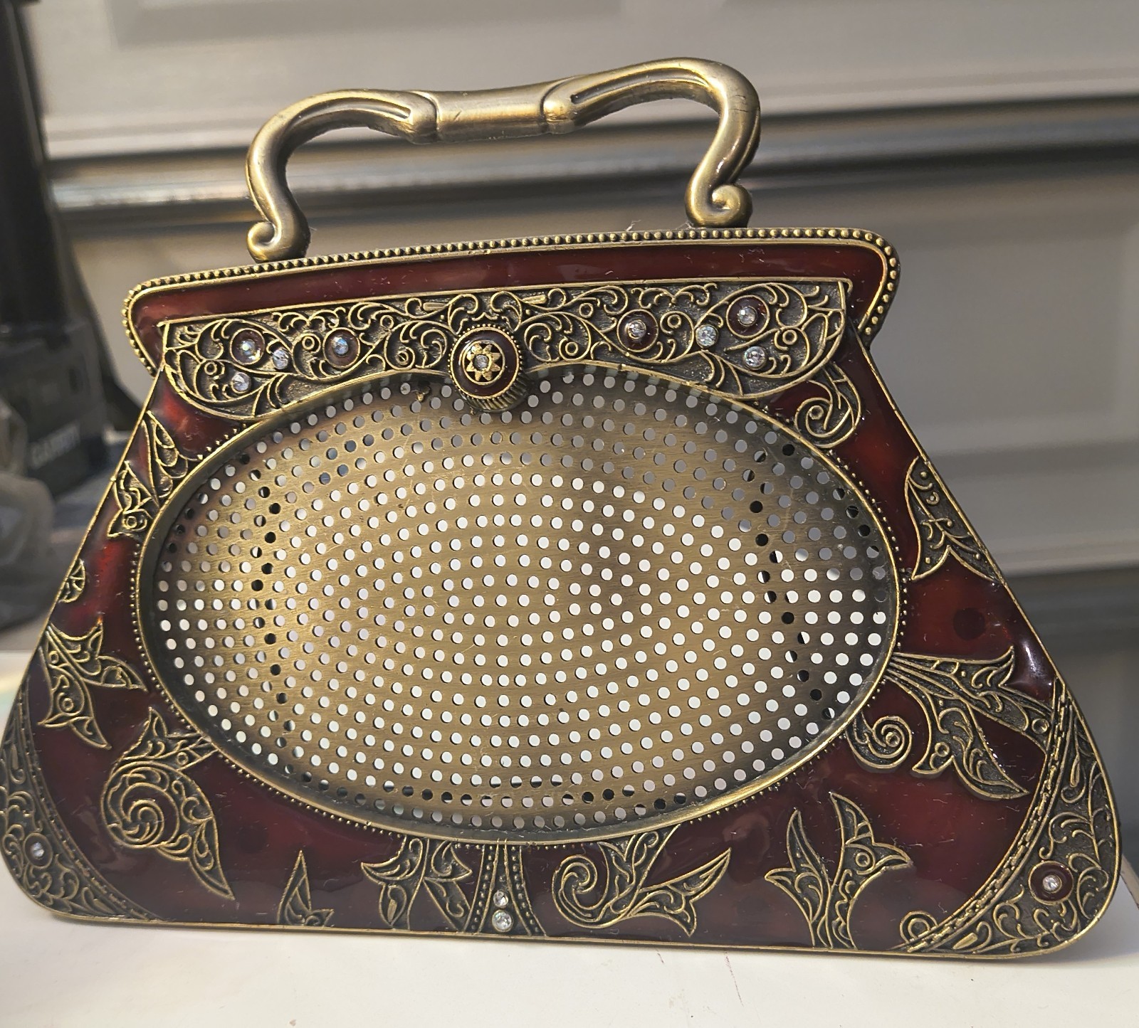 Vintage Brass & Enamel Metal Clutch Purse/Picture Frame/Earing Holder Red Jewel