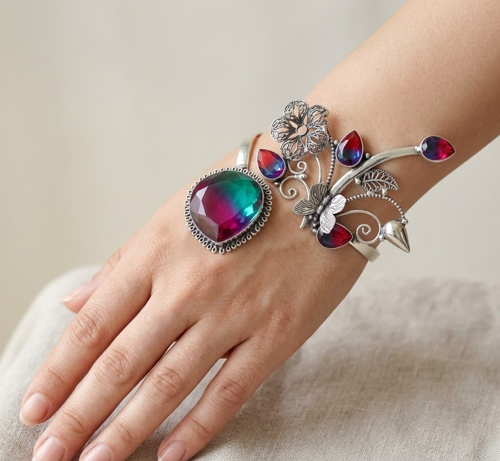 925 Sterling Silver Bi-Color Tourmaline Gemstone Handmade Jewelry Cuff Bracelet