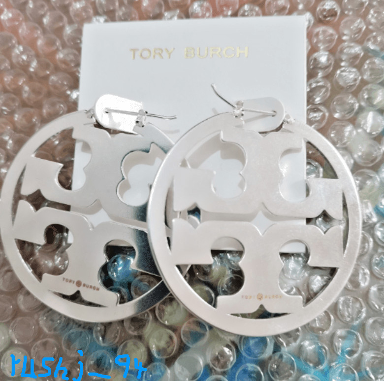 Tory Burch Miller Silver Double T Logo Large Hoop Earrings New