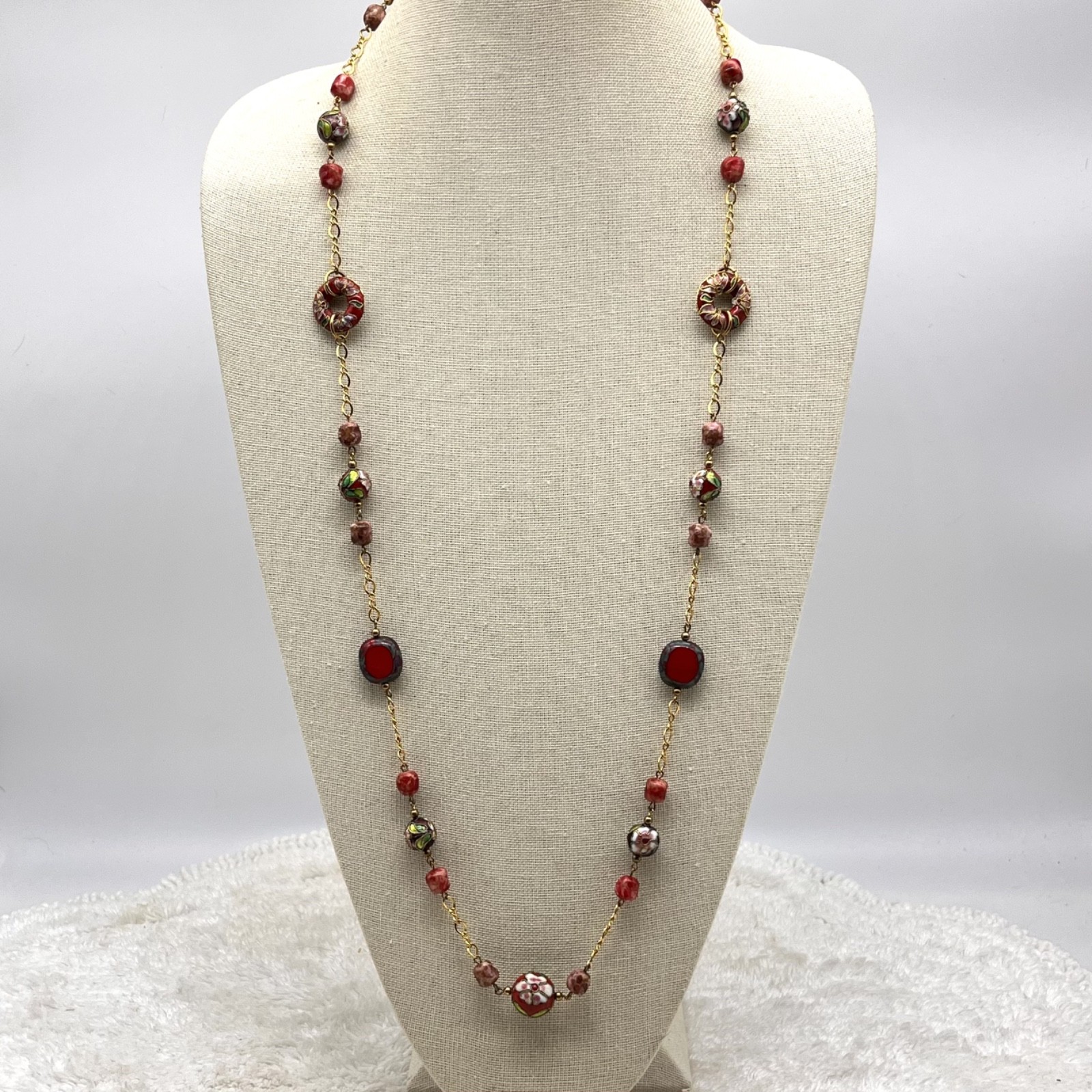 Cloisonne Necklace Red Beads Gold Tone Floral Flower 32″