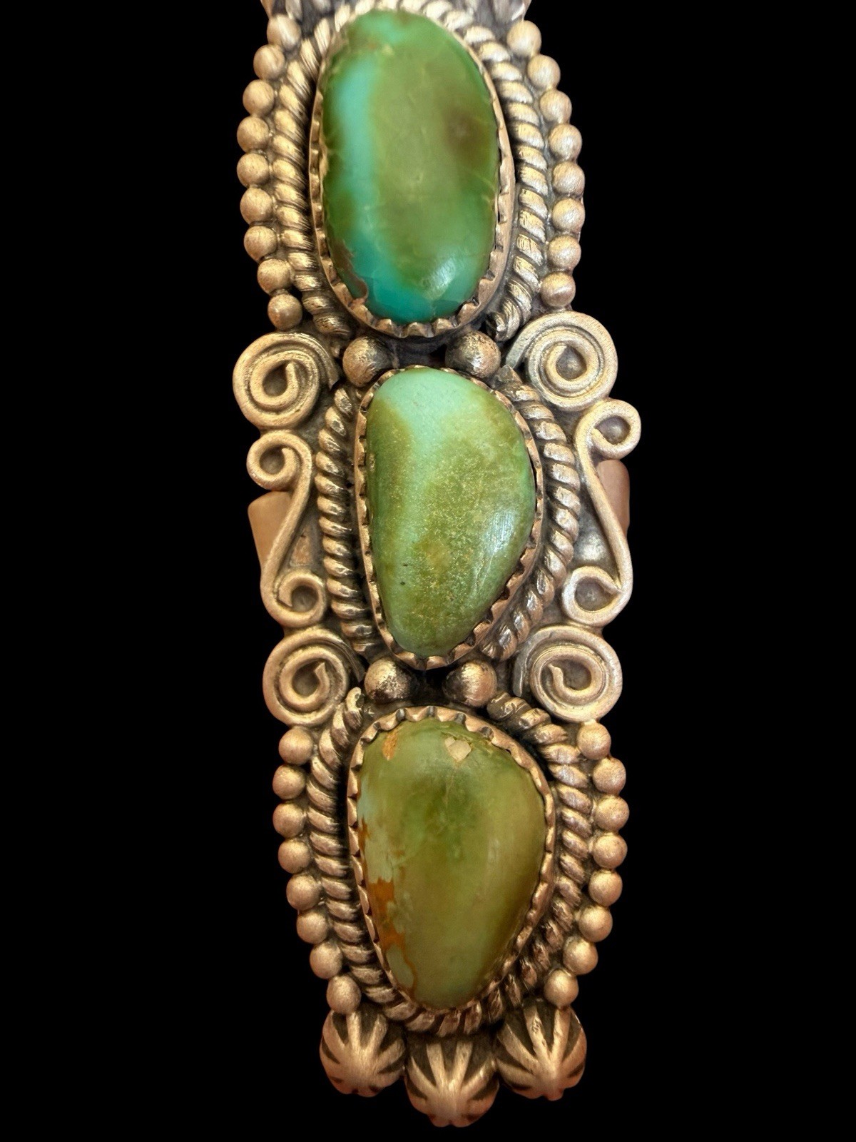 Beautiful Southwest Sterling Silver Triple Green Turquoise Ring See Description