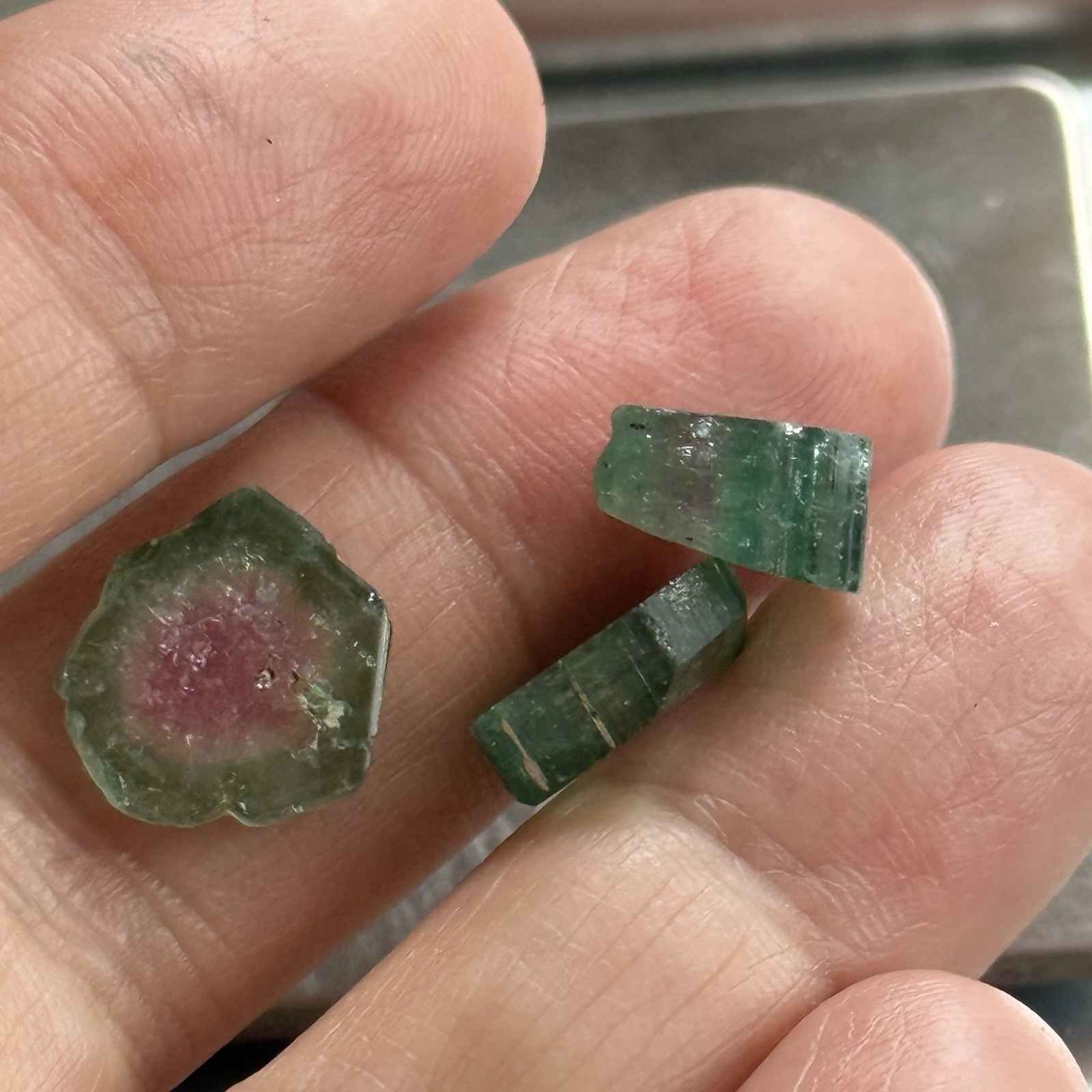 14ct 11-12×2.8-4.7mm 3pc Lot Pink Green Watermelon Tourmaline Slices Cabochons