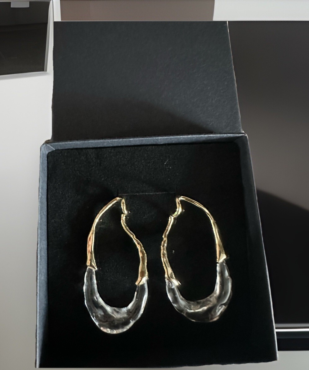 Anthropologie Hoop Earrings Crystal Lucite Metal Gold Boho Clear Irregular