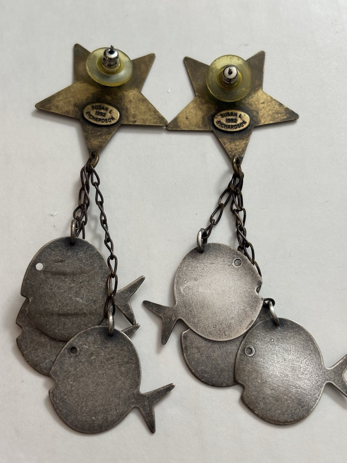 Vintage 1992 Susan L Richardson Star and Fish Dangle Earrings Pierced 3.75 In