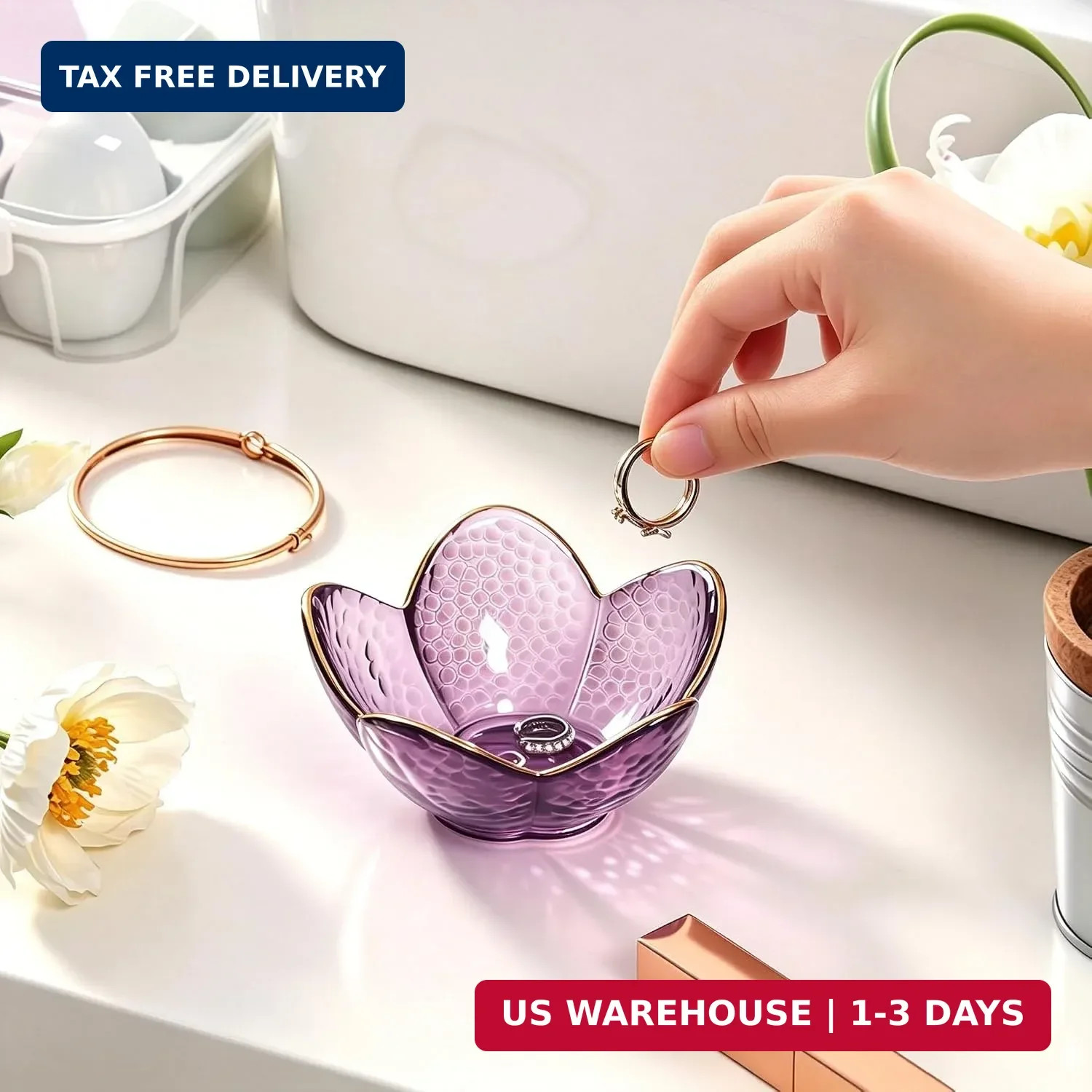 Purple Flower Jewelry Dish Glass Ring Holder Dish Jewelry Tray Cute Vanity Organ