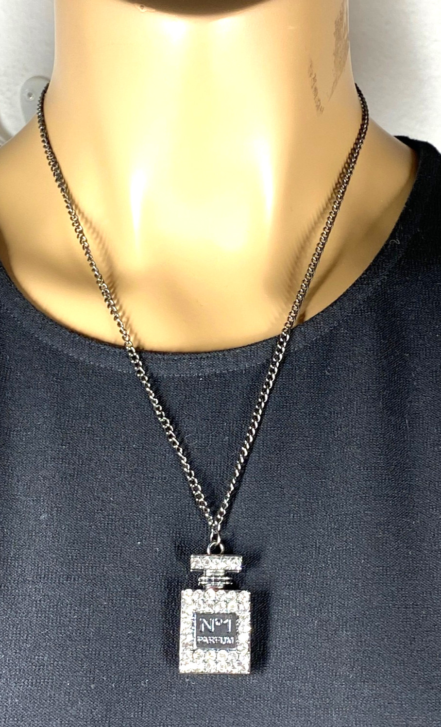 Crystal encrusted No 1 Parfum Novelty Necklace Gunmetal Metal Cable Chain 24″