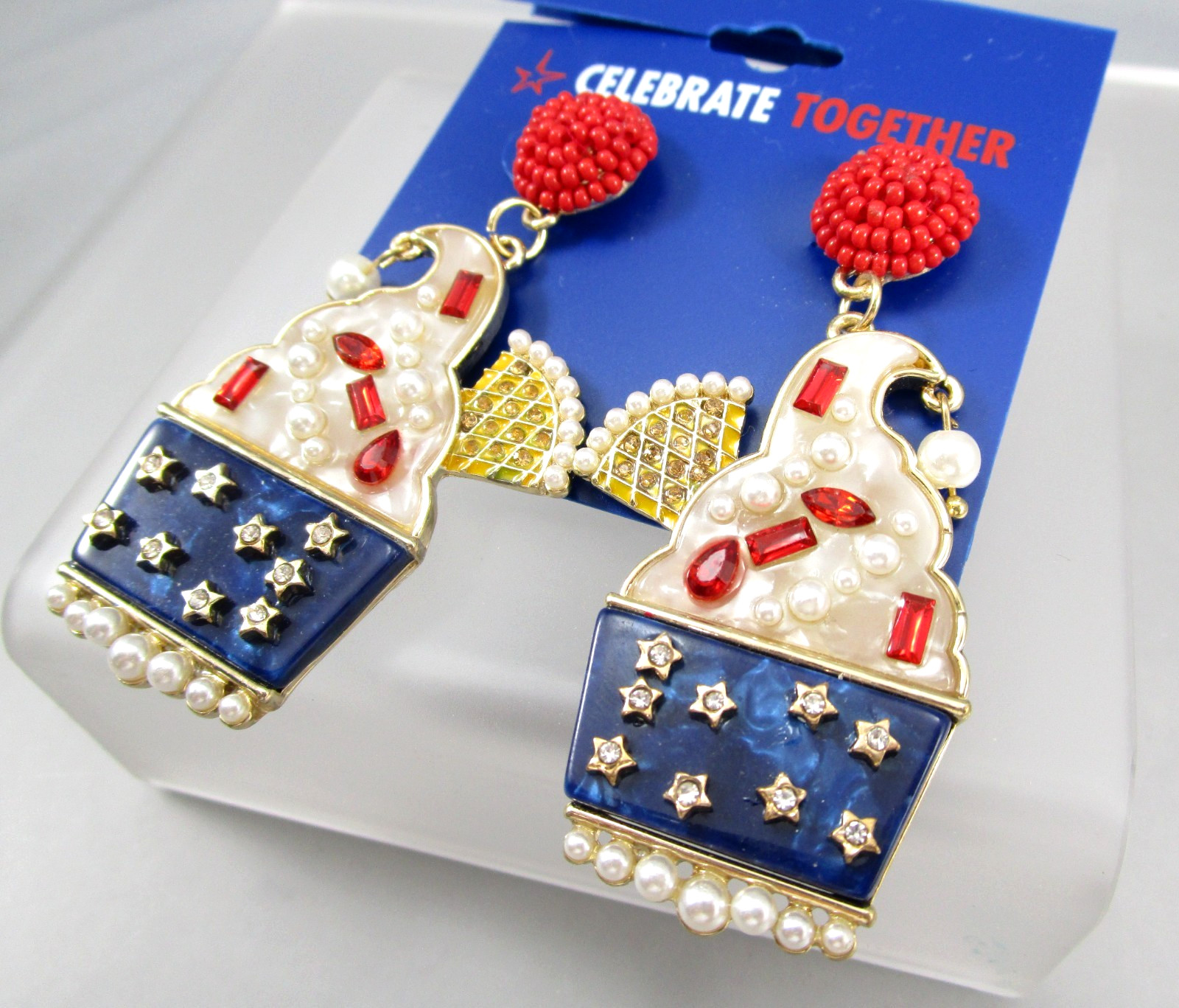 New CELEBRATE USA 4th July Ice Cream Cup Rhinestones Fireworks Earrings 183J