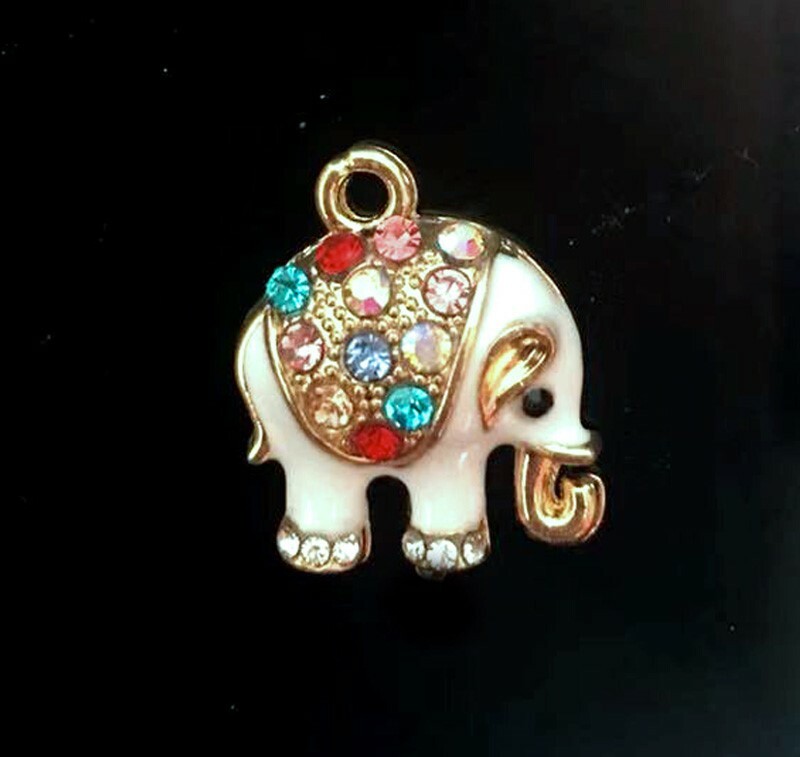 2 Elephant Goldplated Enamel Metal and Multi-Colored Rhinestones Pendant Charms