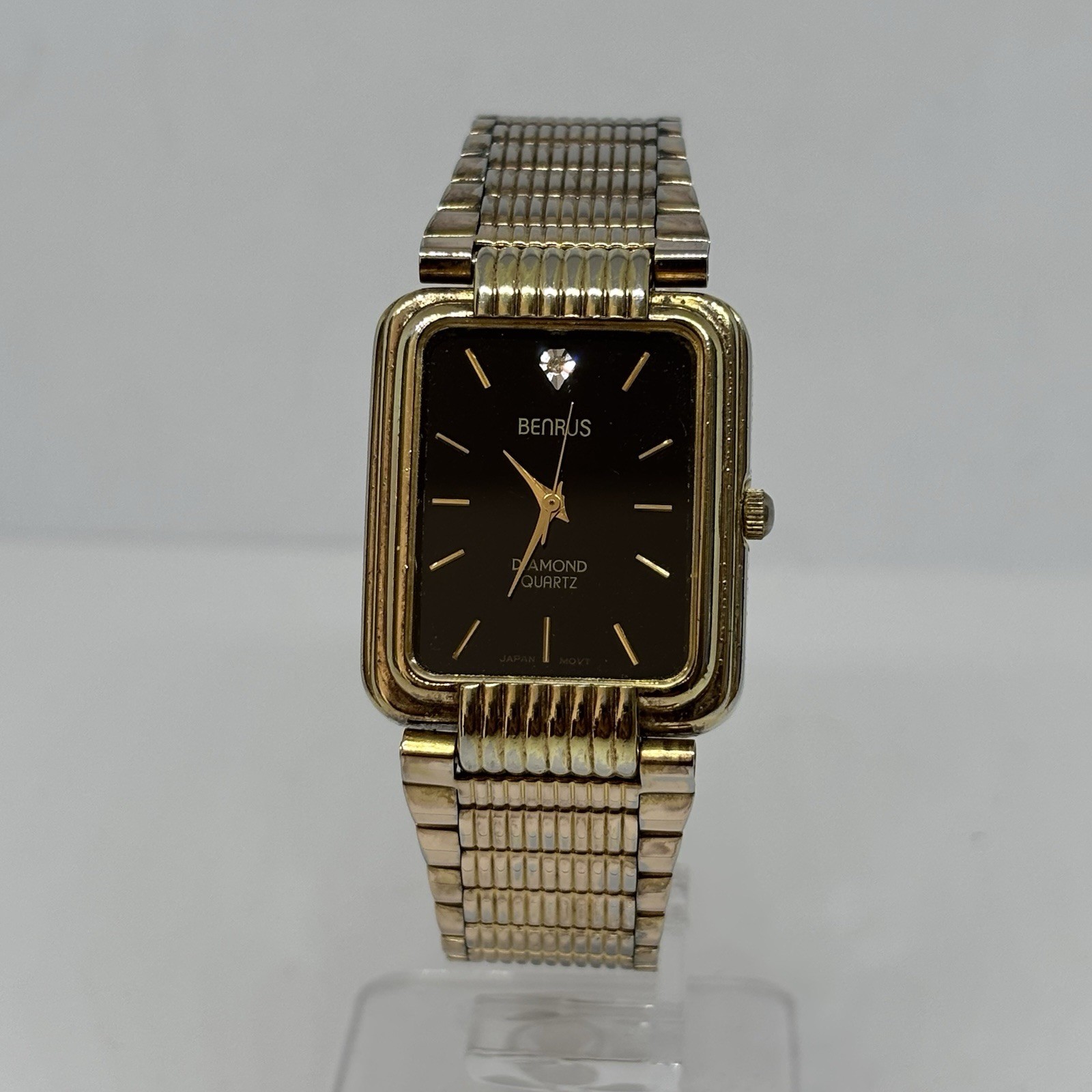 Benrus Diamond Quartz Tank Watch Gold Tone New Battery 28mm Please Read
