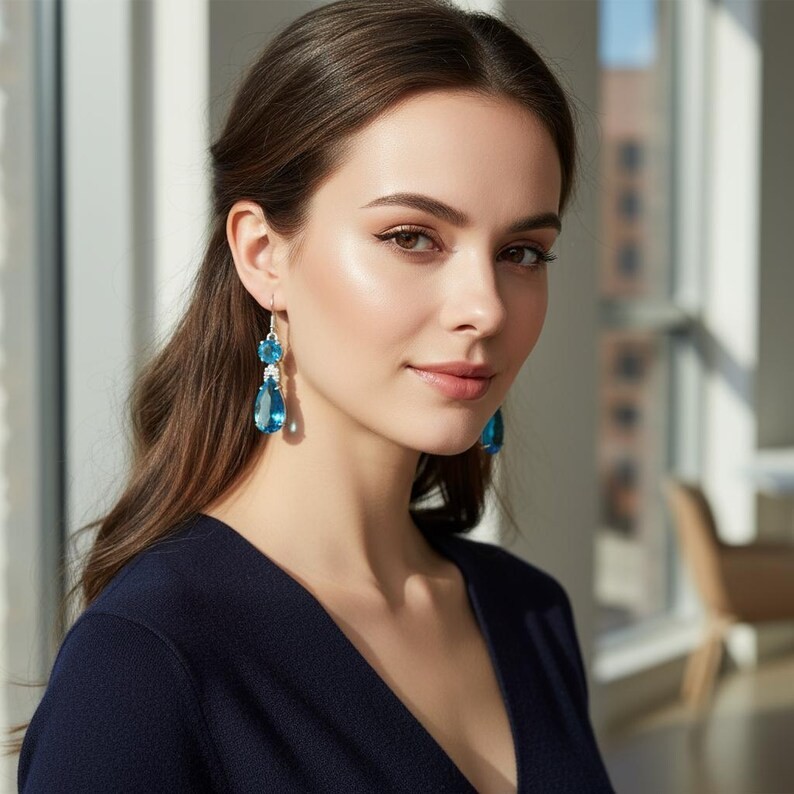Handmade Sky Blue Crystal Teardrop Earrings Dangle Handmade Jewelry Gift