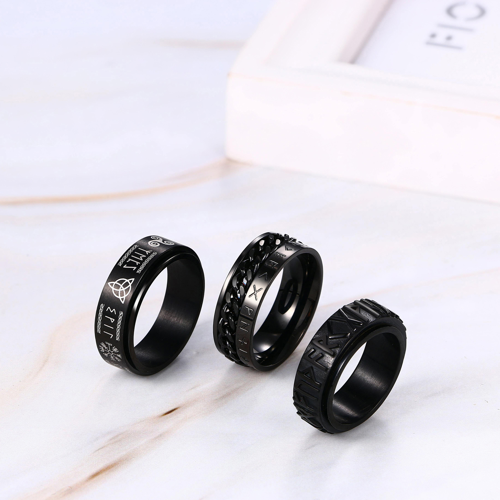 3pcs Men’s Nordic Rune Anti-Anxiety Spinner Ring Band Size 6-12 Viking Jewelry