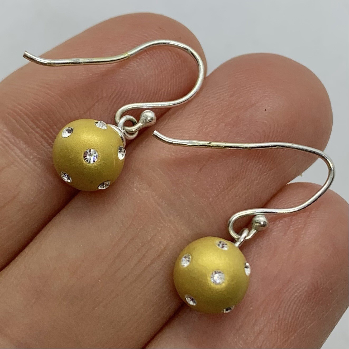 Vtg Matte Gold Pave Crystal Ball Orb Bead Petite Dangle Earrings Hook