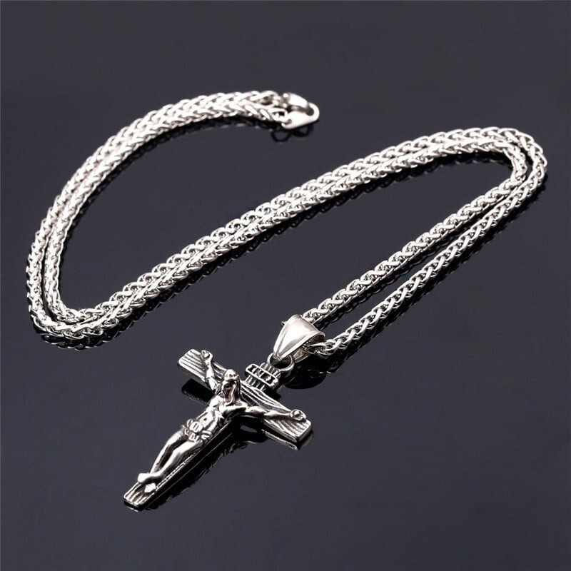Mens Silver Stainless Steel Jesus Christ Crucifix Cross, Necklace Chain 24″