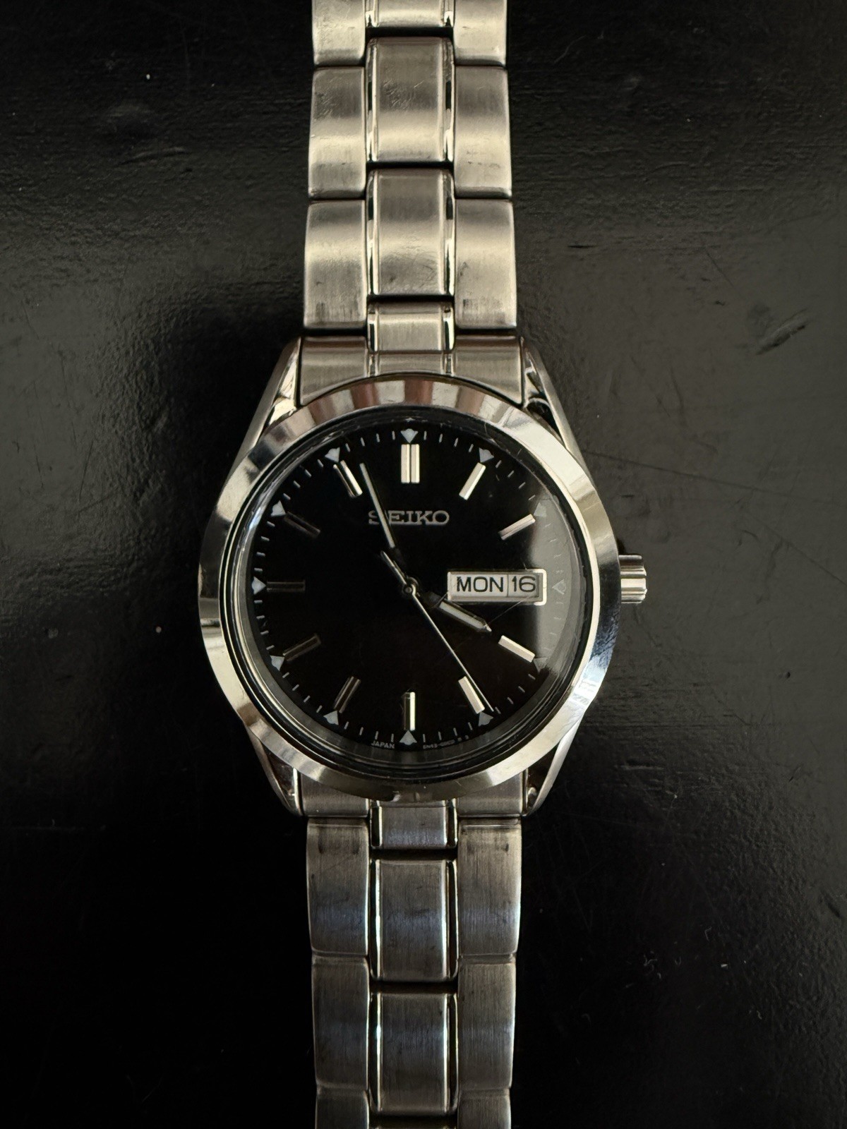 Seiko SUR361 Day/Date Black Dial Silver Stainless Bracelet Watch 100m Analog