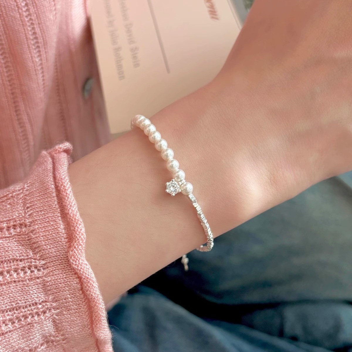 Copper irregular broken silver cubic zirconia round pearl women’s bracelet gift