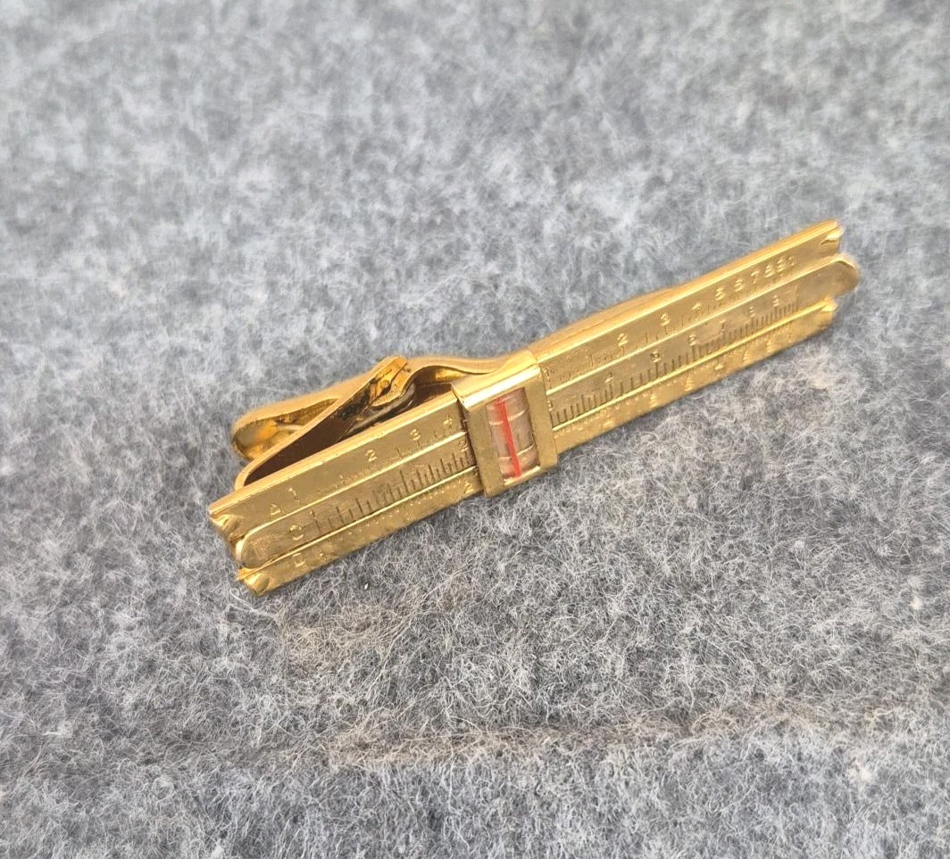 Vintage Slide Rule Tie Clip Bar Bubble Level Gold Tone Engineer Novelty