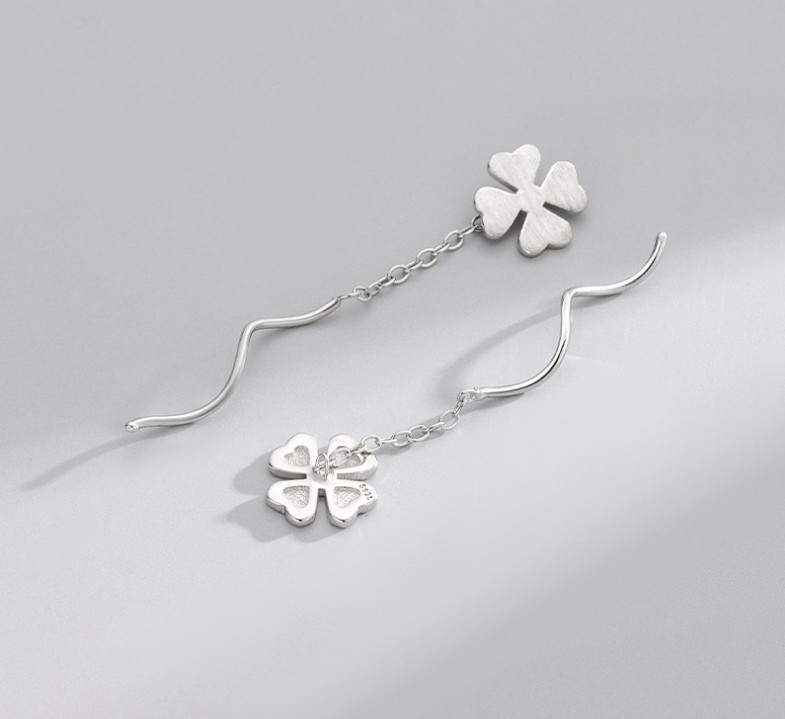 S925 Sterling Silver Wave Clover Dangle Pull Through Threader Stud Earrings K15