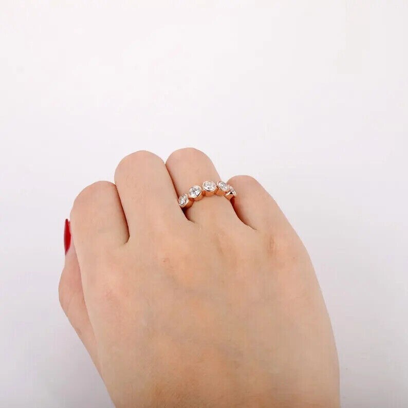 2Ct Round Cut Natural Moissanite Women’s Band Ring 14K Rose Gold Plated Silver
